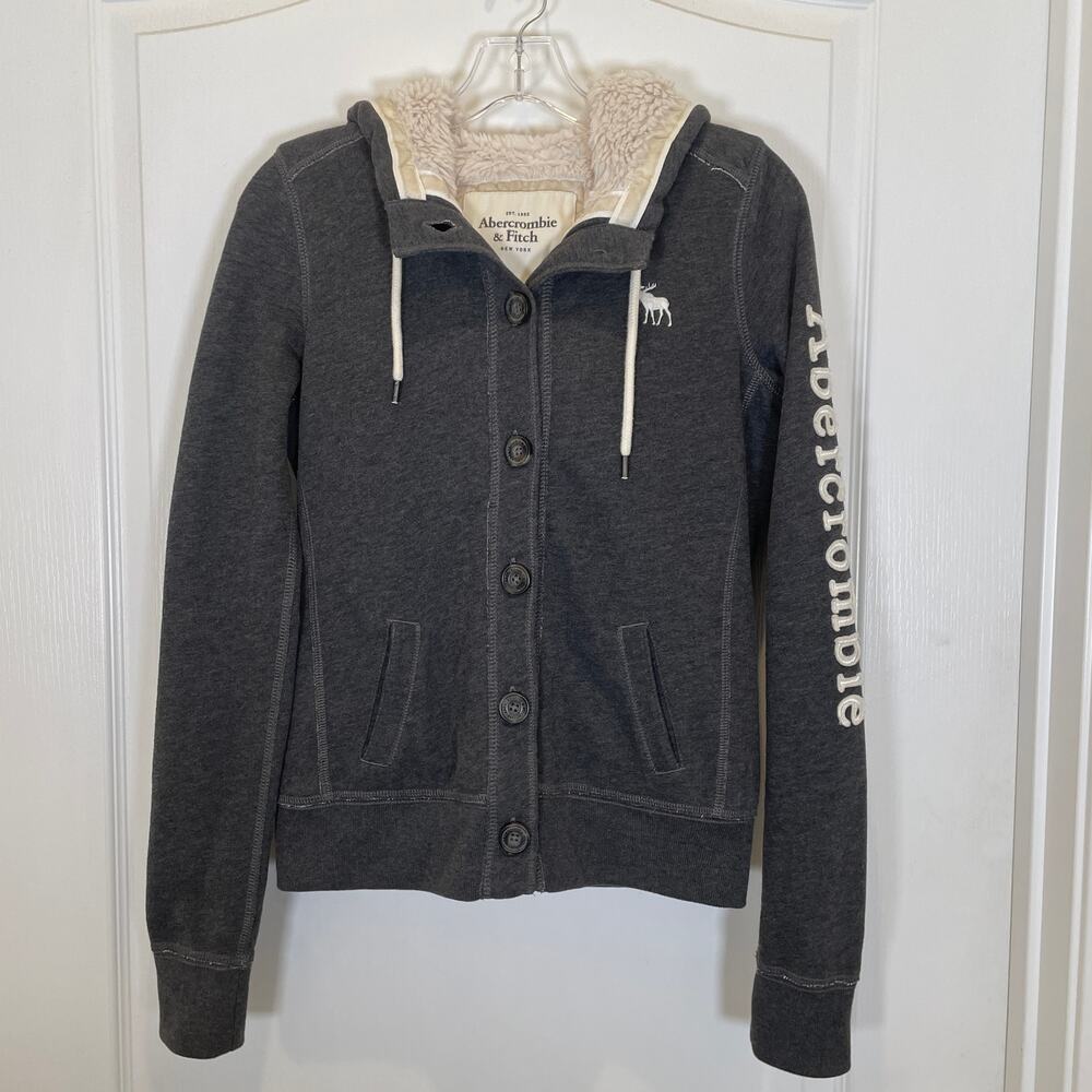Abercrombie & Fitch Y2K Vintage Sherpa Hoodie Jacket Gray Brand Down Sleeve S‎